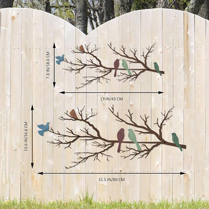ESTART Metal Birds Wall Art, Metal Vivid Birds on Branch Silhouette Wall Decor Leaves with Bird Outdoor Hanging Wall Sculpture for Living room Bedroom Balcony Garden (Colorful, Large)