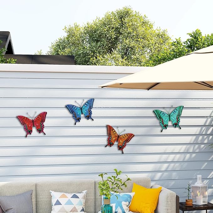 dreamskip 4 Pack Butterfly Wall Decor Art, Vivid Butterflies Outdoor Metal Wall Art with Colorful Pattern, Outdoor Garden Yard Fence Patio Decor Gift for Women Mom