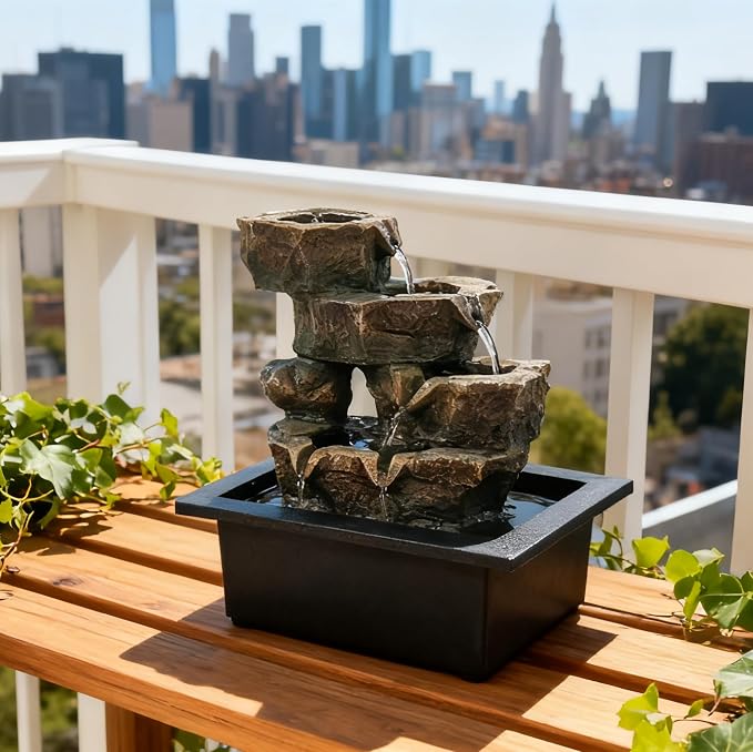 Indoor Tabletop Rock Waterfall Fountain with Warm Light & Stacked Stone for Home Office Desk Decor, Zen Resin Water Feature for Relaxation