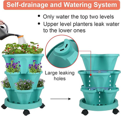 GameXcel Vertical Planter Tower - 3 Tier Stackable Garden Planters with Wheels and Tools Plant Pots for Strawberry Herb Flower and Vegetable Indoor Outdoor Use Teal
