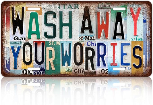 Vintage Bathroom Wall Decor Wash away your worries License Plate | Metal Sign Tin Signs