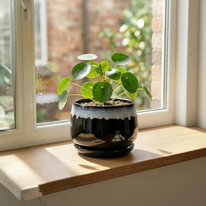6 Inch Plant Pot - Ceramic Planters for Indoor Plants, Decorative Planter with Drainage Hole and Saucer, Round Flower Pots, Office Patio Decor, Gifts for Gardeners Woman, Black-Blue