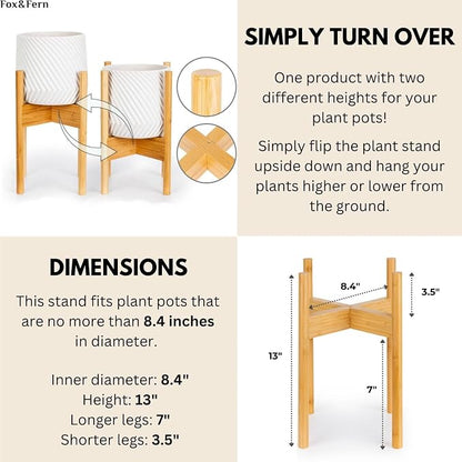 Fox & Fern Bamboo Plant Stand — 8 Inch Fixed Size Mid Century Plant Stand for Indoor Pots (Not Included); Raised Flower Pot Holder for Indoors; Plug In Design; Two Height Options - Bamboo