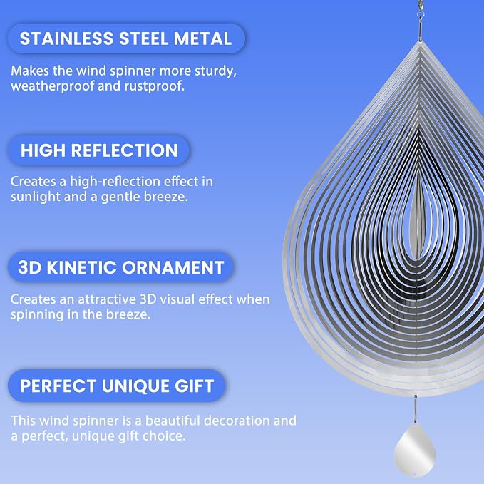 Stainless Steel Wind Spinners Outdoor Garden Decor, Gifts for Women Mom,3D Metal Reflective Bird Devices Deterrent to Keep Scare Woodpecker Pigeon Away Outside Patio Yard House(Silver Droplet,12 Inch)