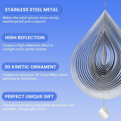 Stainless Steel Wind Spinners Outdoor Garden Decor, Gifts for Women Mom,3D Metal Reflective Bird Devices Deterrent to Keep Scare Woodpecker Pigeon Away Outside Patio Yard House(Silver Droplet,12 Inch)