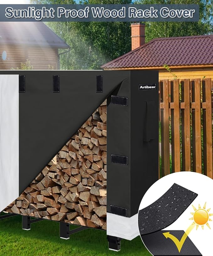 4ft Firewood Rack Cover for Wood Holder, Waterproof Wood Pile Cover for Outside, Indoor Outdoor Log Rack Cover for Firewood with Buckle, Black (Frame not Include)