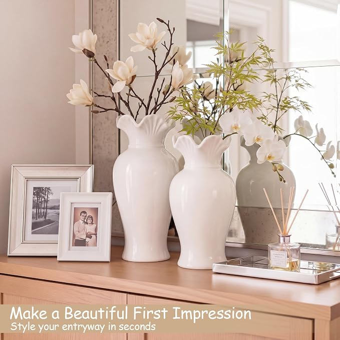 2 Pack White Ceramic Vase Set Small Rustic Decorative Vases Home Decor Wavy Edge Modern Flower Vases for Farmhouse Table Centerpiece Living Room Kitchen Bedroom (6.7,7.9in,Classic)