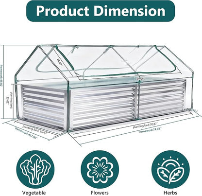DUMOS Galvanized Raised Garden Bed with Cover, 6x3x2ft Metal Planter Box Outdoor for Deep-Rooted Vegetables Flowers Herbs, Garden Bed Mini Greenhouse for Patio Balcony Backyard, Open Bottom, Clear