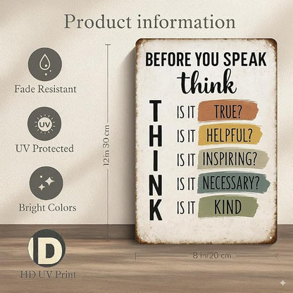 Motivational Wall Decor for Office - Before You Speak Think Metal Sign – Vintage Inspirational Quote Wall Decor for Classroom, Office, or Home – Motivational Gift for Teachers, Students, and Families