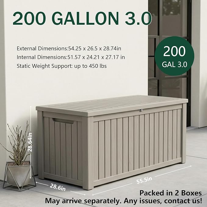 Outdoor Storage Box, 200 Gallon Waterproof Deck Box [Upgraded 3.0], Premium Hydraulic Cushion Storage Chest, High-Load Lockable Two-Seater Patio Storage Bench, Large Country Estate, Grey