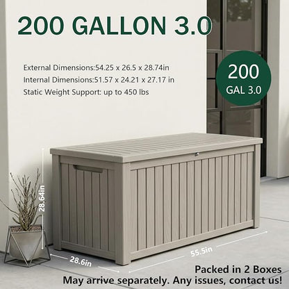Outdoor Storage Box, 200 Gallon Waterproof Deck Box [Upgraded 3.0], Premium Hydraulic Cushion Storage Chest, High-Load Lockable Two-Seater Patio Storage Bench, Large Country Estate, Grey