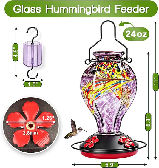 Hand Blown Glass Hummingbird Feeders for Outdoors Hanging, 24oz Wild Bird Nectar Feeder with Ant Moat and Perch, Bee-Resistant Ports, Garden Decor, Gifts for Women Mom, 1 Pack, Purple Phoenix