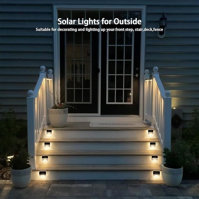 Qualdout Solar Step Lights Outdoor 8 Pack, Waterproof Solar Deck Lights with Clear Acrylic Lens, Warm White Dusk to Dawn Solar Fence Lights for Stairs, Railing, Patio, Yard, Pool, Garden