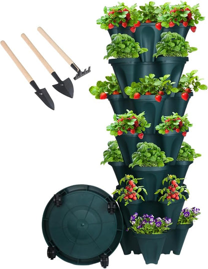 GameXcel Vertical Planter Tower - 7 Tier Stackable Garden Planters with Wheels and Tools Plant Pots for Strawberry Herb Flower and Vegetable Indoor Outdoor Use Green