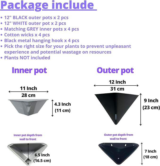 LaLaGreen Wall Planters for Indoor Plants (12in, 4 Pack) Self Watering Pots | Large Black and White Mixed Color Geometric Indoor Vertical Garden Wall Hanging Flower Vase Vessel with Metal Hanger Stylish
