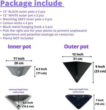 LaLaGreen Wall Planters for Indoor Plants (12in, 4 Pack) Self Watering Pots | Large Black and White Mixed Color Geometric Indoor Vertical Garden Wall Hanging Flower Vase Vessel with Metal Hanger Stylish