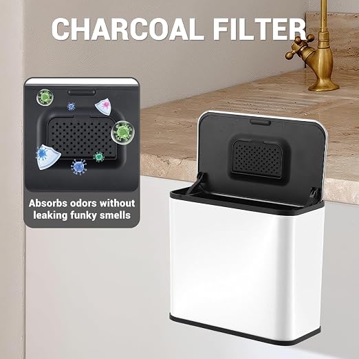 1.3 Gallon/5L Slim Stainless Steel Trash Can with Lid, Odor Control Charcoal Filter, Removable Bucket, Hanging/Wall Mounted/Standing Waste Bin for Kitchen, Bathroom, Bedroom, Office - White