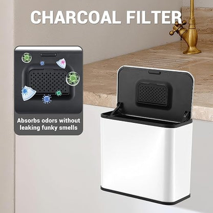 1.3 Gallon/5L Slim Stainless Steel Trash Can with Lid, Odor Control Charcoal Filter, Removable Bucket, Hanging/Wall Mounted/Standing Waste Bin for Kitchen, Bathroom, Bedroom, Office - White