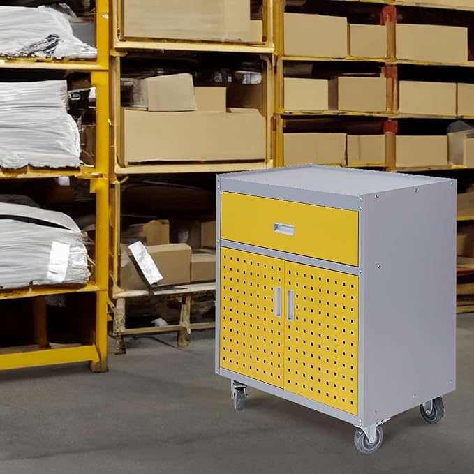 Metal Storage Cabinet with Wheels 30" x 18" x 34" Mobile Metal Garage Cabinet with 1 Drawer & 2 Doors Small Rolling Tool Storage Cabinet with 1 Adjustable Shelf & 4 Hanging Hooks, Yellow & Gray