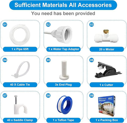 Mister System for Outside Patio, White Misting Kit for Backyard, 65Ft (20M). Outdoor Cooling Mist for Outside Garden, Deck, Umbrella, Canopy, Pool, Porch,Greenhouse, Trampoline Sprinkler, Kids, Park