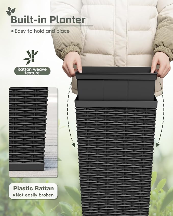 Greesum 24 Inch Tall Plastic Planters with Rattan Texture – Set of 2, Detachable Inner Pot & Drainage Holes, Indoor/Outdoor Decorative Flower Pots for Large Plants, Trees, Patio, and Garden, Black