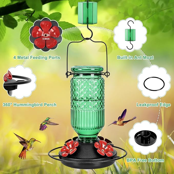 FEED GARDEN Glass Hummingbird Feeder 2 Pack, 16oz Leak-Proof with Ant Moat & Bee Guards, Easy Clean Wide Mouth, Metal Perches, Green Outdoor Hanging