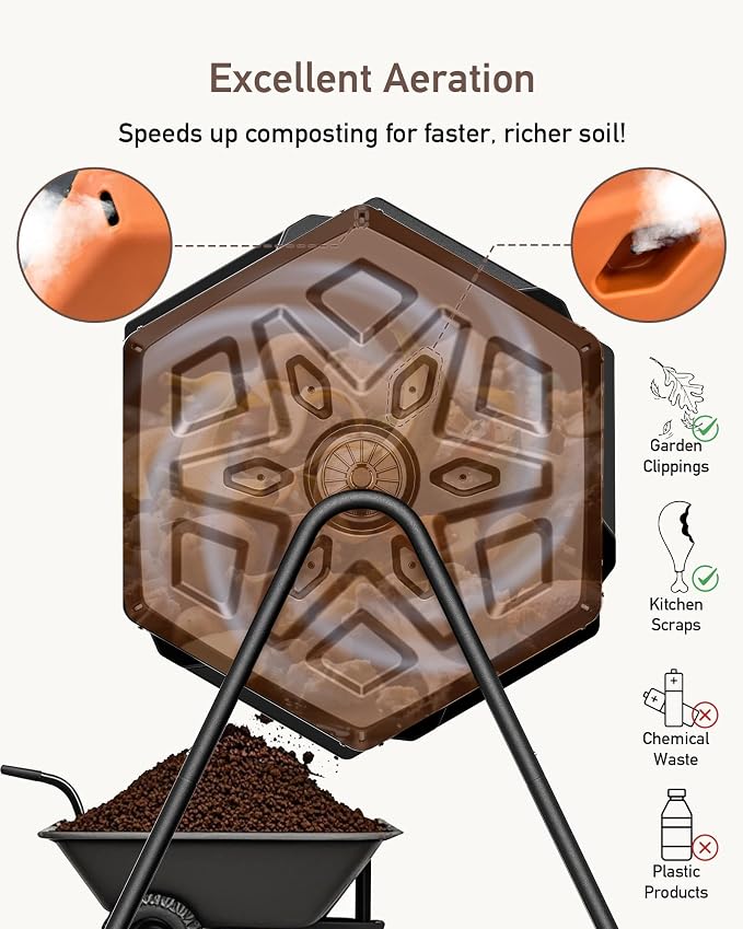 THE Growing 43 Gal Outdoor Compost Bin Tumbler with Thermometer, Orange | Dual 21.5gal chambers for backyard recycling. Pre-embedded nuts for quick assembly. Resin panels deter pests and odors.