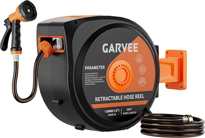 Garvee Retractable Garden Hose Reel, 1/2 Inch x 50 ft Wall Mounted Heavy Duty Garden Hose Reel with 10 Patterns Nozzle, Any Length Lock, Upgraded Slow Return System and 180°Swivel Bracket
