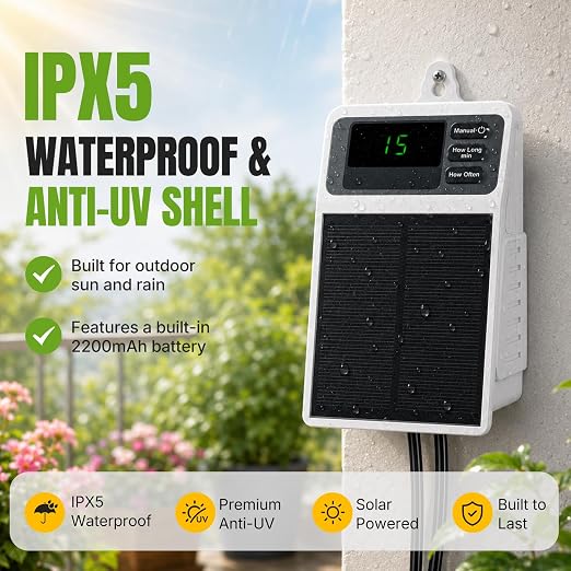 Mcbazel Solar Automatic Drip Irrigation Kit, USB-C & Solar-Powered Plant Waterer for 10 Potted Plants, Auto Watering System with Timer & Anti-Siphon, IPX5 Waterproof for Indoor Outdoor Vacation