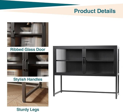 GarveeHome Buffet Cabinet with Glass Doors, Sideboard Cabinet with Adjustable Shelves, Freestanding Glass Storage Cabinet for Kitchen, Living Room, Dining Room, Black