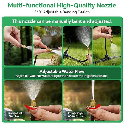 160Ft 1/4" Drip Irrigation System for Garden – 34 Adjustable Copper Nozzles, Automatic Atomizing Sprinkler System for Outdoor Plants Raised Bed, Yard, Potted Plants & Lawn