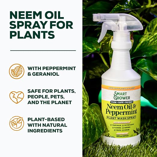 Neem Oil Spray for Plants with Peppermint Oil, Natural Plant Wash Made for Indoor and Outdoor Plants Smart Grower 16oz Easy Ready to Use Spray