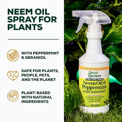 Neem Oil Spray for Plants with Peppermint Oil, Natural Plant Wash Made for Indoor and Outdoor Plants Smart Grower 16oz Easy Ready to Use Spray