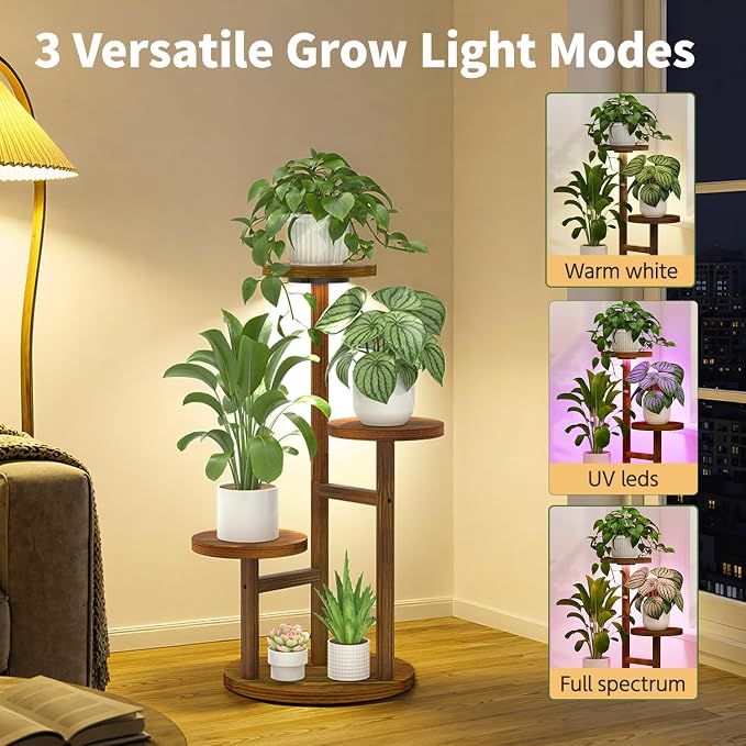 LASZOLA 3 Tiered Wood Plant Stand Indoor Corner with Grow Lights, Flower Holder Rack Tall for Multiple Plants, Rustic Planter Shelf Display for Patio Garden Balcony Living Room, Brown