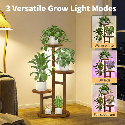 LASZOLA 3 Tiered Wood Plant Stand Indoor Corner with Grow Lights, Flower Holder Rack Tall for Multiple Plants, Rustic Planter Shelf Display for Patio Garden Balcony Living Room, Brown