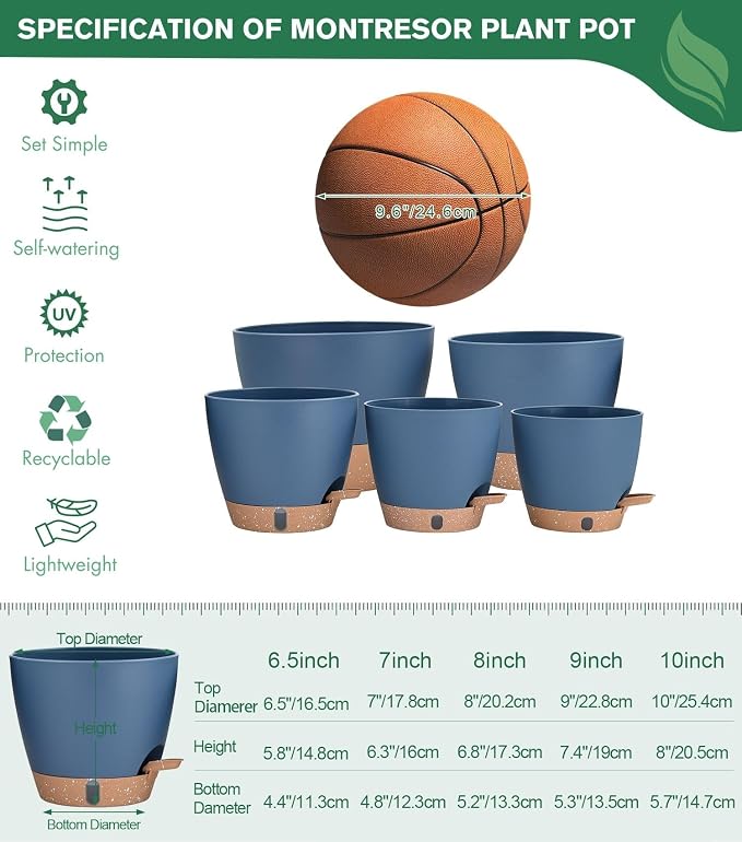 montresor 5-Pack Self Watering Pots for Indoor Outdoor Plants, 10/9/8/7/6.5Inch PP Plastic Planters for Outdoor Plants with Water Level Indicator & Drainage, Self Watering Outdoor Planters (Blue)