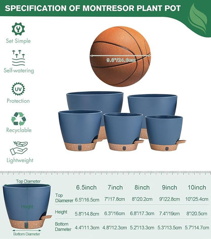 montresor 5-Pack Self Watering Pots for Indoor Outdoor Plants, 10/9/8/7/6.5Inch PP Plastic Planters for Outdoor Plants with Water Level Indicator & Drainage, Self Watering Outdoor Planters (Blue)