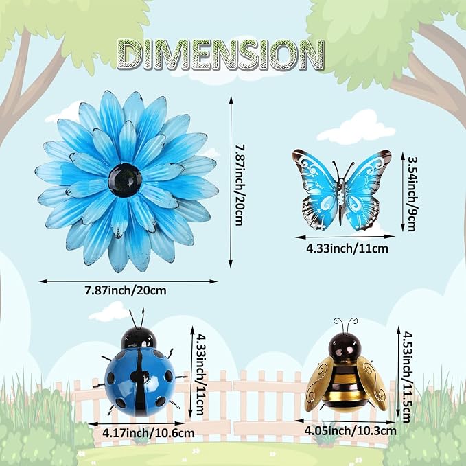 13pcs Metal Wall Decoration, Flowers, Butterflies, Bees, Ladybugs Colorful DIY Wall Decor Hanging Garden Fence Art for Indoor Outdoor Patio Yard Home Farmhouse, Gift for Family Friend