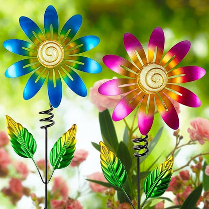 Metal Flowers Decorative Garden Stakes, 2 Pack 25'' Flower Garden Decor for Outside Spring Yard Decor, Flower Metal Yard Art for Fence Landscape Pot Patio Decor (Pink & Blue)