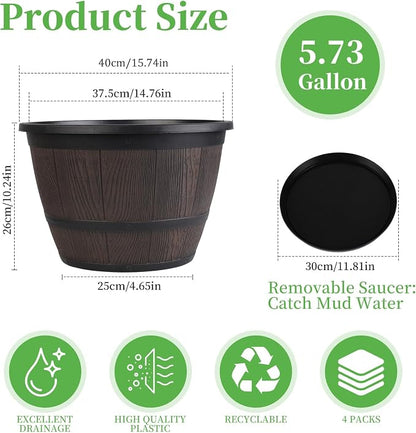 Myfeegoin 16-inch-Large-Pots-for-Plant-Outdoor, 4 Pack Plastic Whiskey Barrel Planters Plant Pots with Drainage Hole & Saucer, Decorative Indoor Flower Pot for House Garden Porch