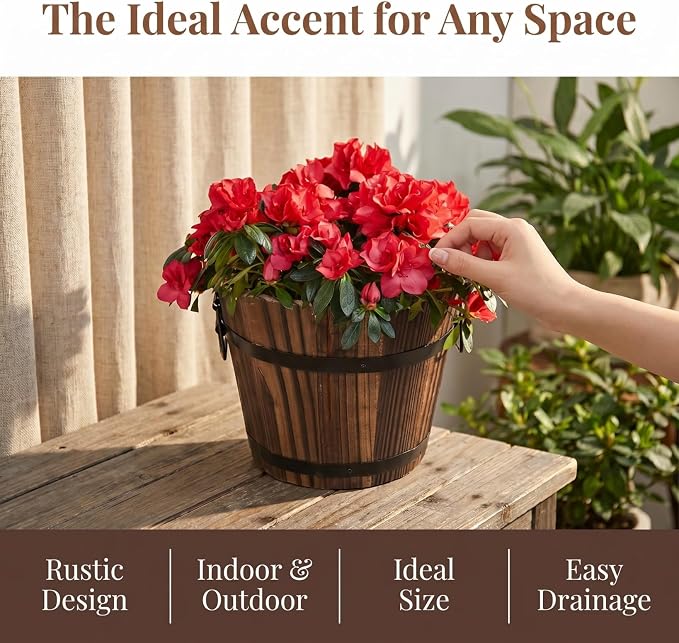 DOITOOL Rustic Wooden Barrel Planter: Wood Whiskey Barrel Bucket Flower Pots Indoor Outdoor Plants Boxes Container for Home Garden Patio Backyard - 7.08 x 5.9 x 5.1 inches (Large)