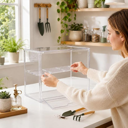 Mini Greenhouse for Indoor, Clear Stackable Green House with Magnetic Door & Adjustable Drainage Dividers, Tabletop Portable Greenhouse for Small Plants Nursery Germination and Display (1 Pack)