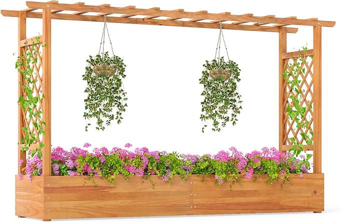 S AFSTAR Wooden Raised Garden Bed with Trellis, 45" Elevated Planter Box with Hanging Roof & Open-Ended Base for Climbing Vine Flower Herb Vegetable, Outdoor Plant Container for Patio & Yard