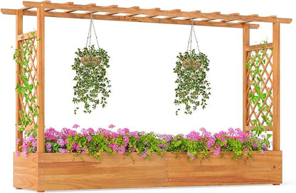S AFSTAR Wooden Raised Garden Bed with Trellis, 45" Elevated Planter Box with Hanging Roof & Open-Ended Base for Climbing Vine Flower Herb Vegetable, Outdoor Plant Container for Patio & Yard