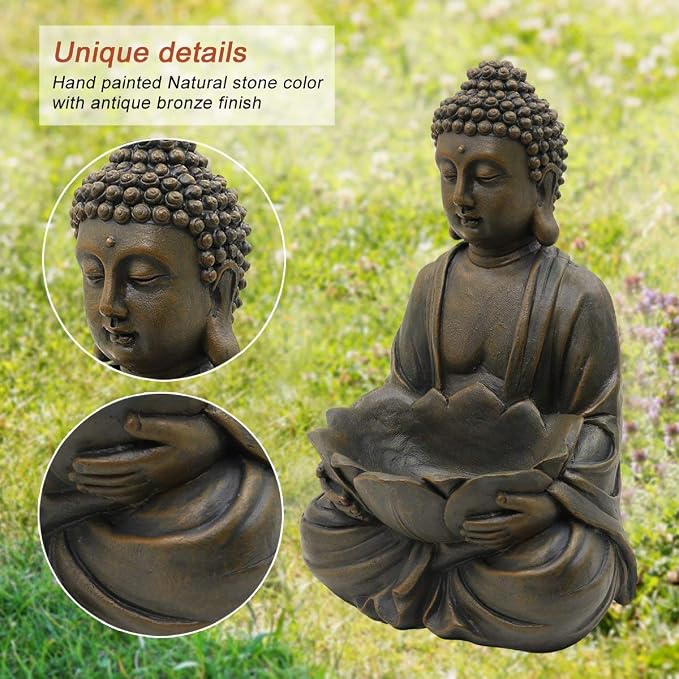 Goodeco 12" Meditating Buddha Statue Figurine w/Lotus - Zen Garden Statues for Indoor/Outdoor Decor- with Magical Glow in Dark Pebbles & Glass Stones, Ideal Gifts for Home (Brown)
