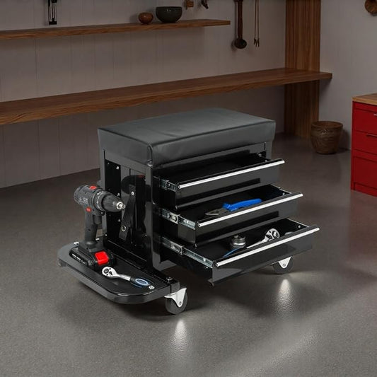 Tool Chest, 3-Drawers Rolling Tool Chest with 2 Foldable Side Trays & Screworivers Supports, Rolling Mechanic Seat with Seat Cushion for Workshop, Warehouse, Capacity 350lbs, Black