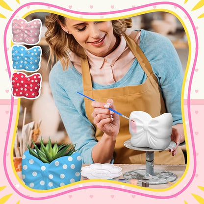 Beeveer 6 Sets Paint Your Own Coquette Bow Succulent Planter Ceramic Blank Unpainted Flower Pots DIY Paintable Porcelain Vase Kit for Kids Christmas Classroom Craft Project Activity Supplies