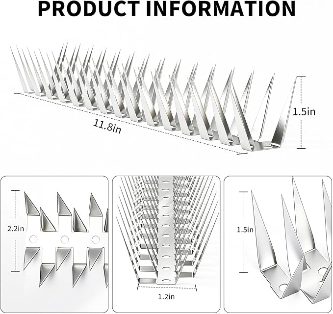 Bird Spikes, 12M Stainless Steel Bird Deterrent Spikes for Outside, Pigeon and Small Bird Control, Easy to Install Fence Roof Window Spikes, 40 Strips 40 Feet Coverage