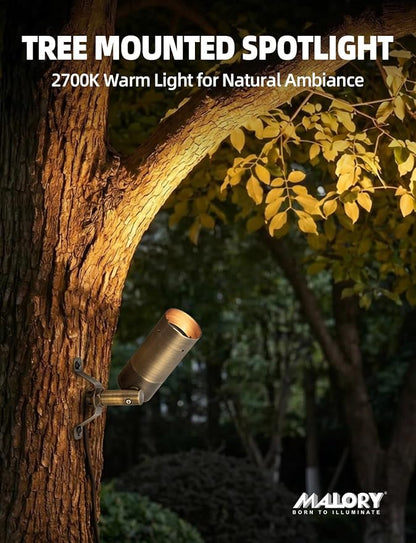 MALORY Brass Landscape Spot Down Light, Low Voltage Led Downlights Tree Light Outdoor Landscape Lighting for Yard, Garden, Lawn, Wall, Patio with 5W MR16 LED Bulb 2700K Warm White（10 Pack）