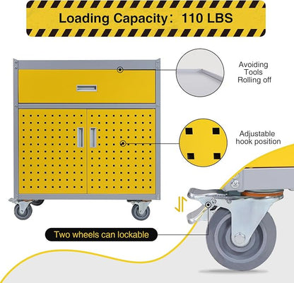 Metal Storage Cabinet with Wheels 30" x 18" x 34" Mobile Metal Garage Cabinet with 1 Drawer & 2 Doors Small Rolling Tool Storage Cabinet with 1 Adjustable Shelf & 4 Hanging Hooks, Yellow & Gray